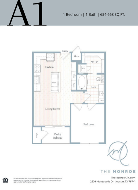 Floor plan for 1 bed, 1 bath, 668 sqft